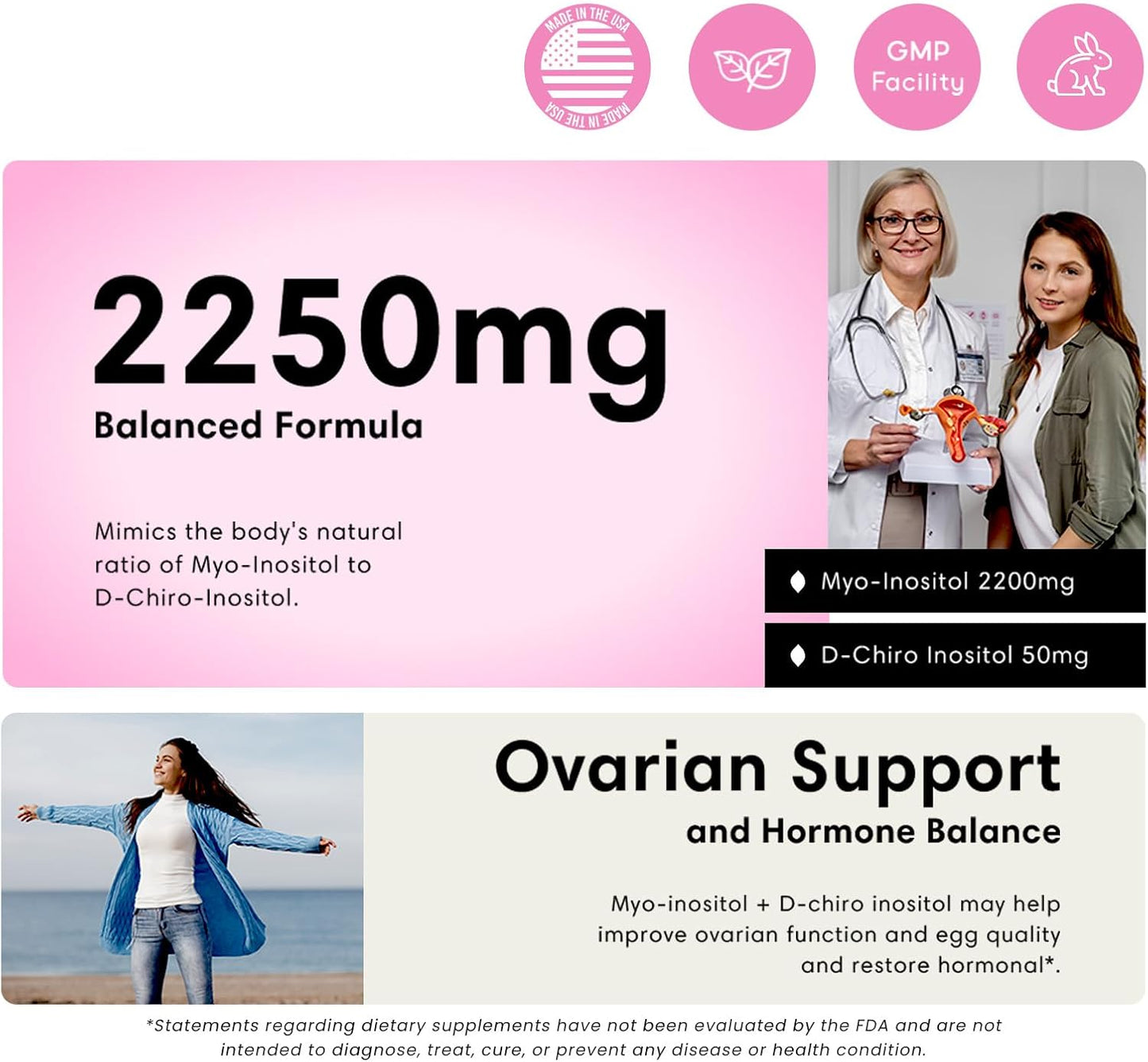 FLEUR Myo-Inositol & D-Chiro Inositol Capsules - Hormone Balance & Ovarian Function Support for Women - PCOS Symptom Relief - Regulates Menstrual Cycle - Non-GMO & Vegan - 90 Capsules