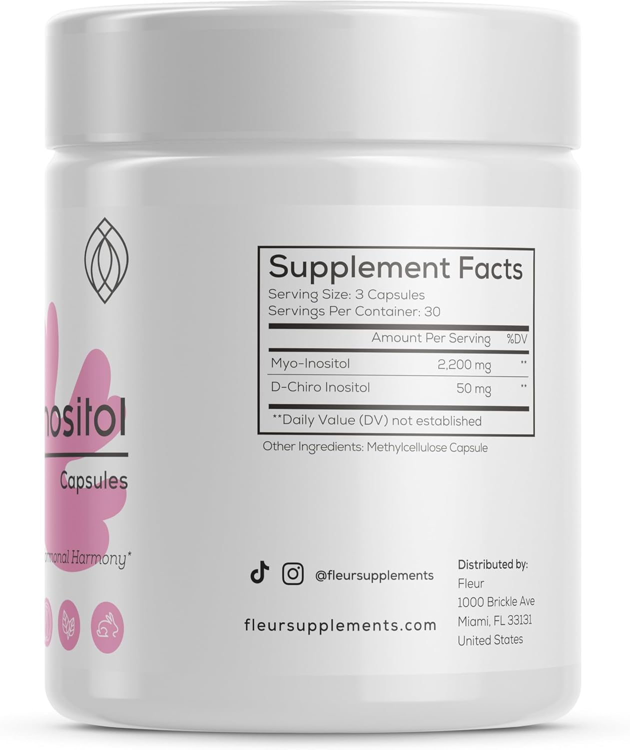 FLEUR Myo-Inositol & D-Chiro Inositol Capsules - Hormone Balance & Ovarian Function Support for Women - PCOS Symptom Relief - Regulates Menstrual Cycle - Non-GMO & Vegan - 90 Capsules