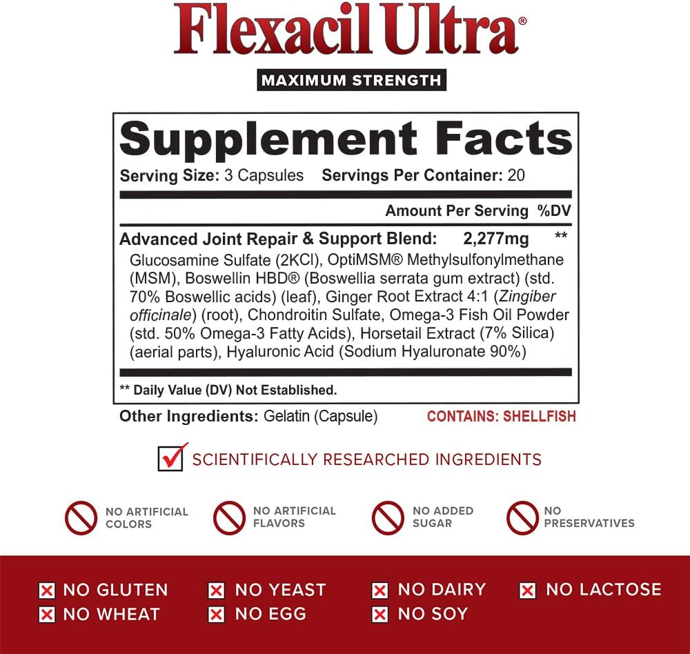 Flexacil Ultra Joint Health Supplement with Glucosamine, Chondroitin, Hyaluronic Acid & MSM - 60 Capsules