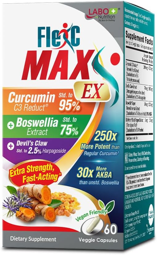 FlexC MAX EX: Turmeric Curcumin C3 Reduct 95% Tetrahydrocurcuminoids, Bioperine, Boswellia, Devil’s Claw for Antioxidation, Joint Relief