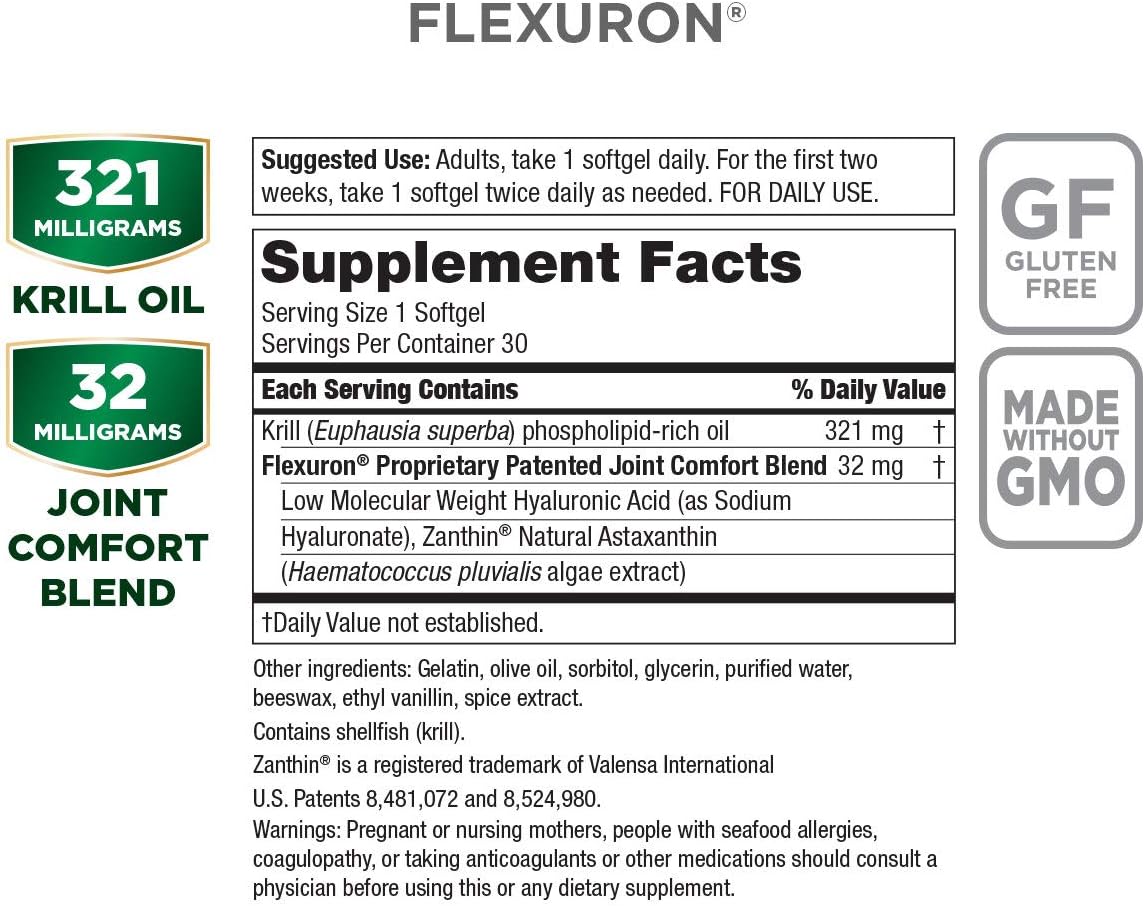 Flexuron Joint Formula: 3X Better Than Glucosamine & Chondroitin - Fast-Acting with Krill Oil, Hyaluronic Acid, Astaxanthin - 30 Count