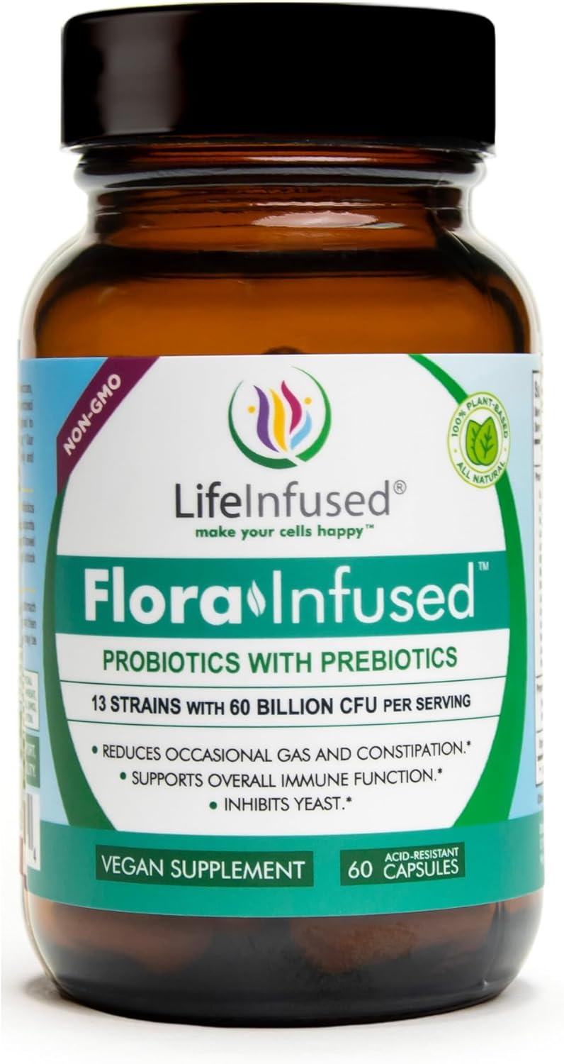 Flora Infused Probiotics with Prebiotics - 50 Billion CFU, 13 Strains, Enzyme Blend - Vegan - 60 Capsules