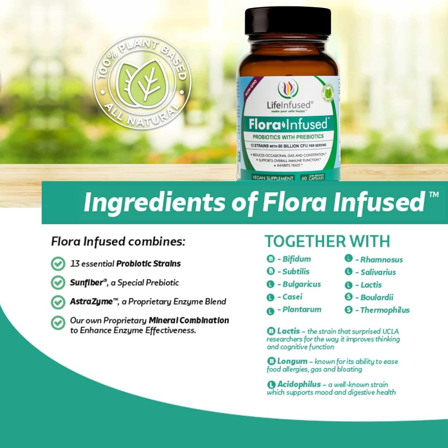 Flora Infused Probiotics with Prebiotics - 50 Billion CFU, 13 Strains, Enzyme Blend - Vegan - 60 Capsules
