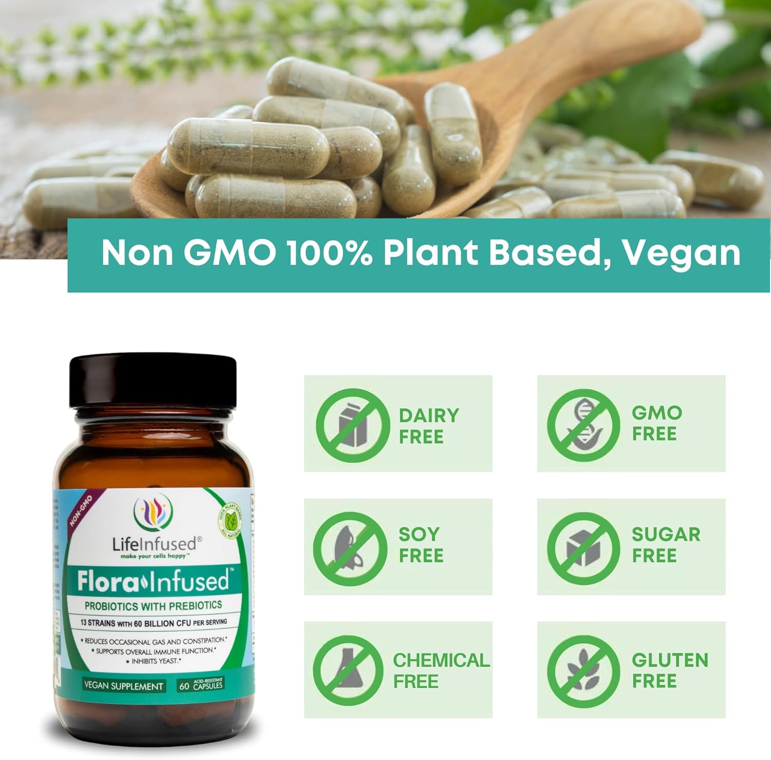 Flora Infused Probiotics with Prebiotics - 50 Billion CFU, 13 Strains, Enzyme Blend - Vegan - 60 Capsules