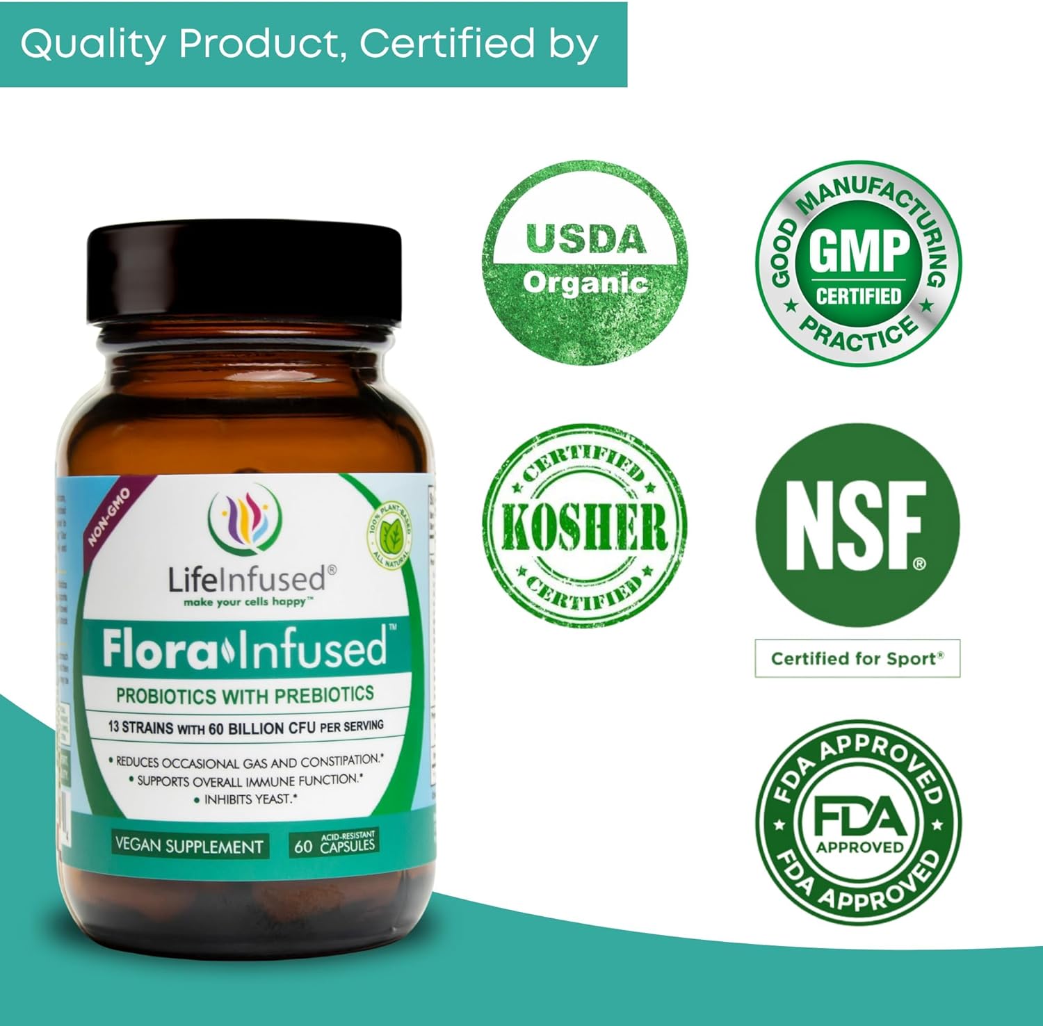 Flora Infused Probiotics with Prebiotics - 50 Billion CFU, 13 Strains, Enzyme Blend - Vegan - 60 Capsules