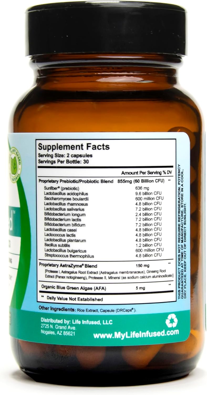 Flora Infused Probiotics with Prebiotics - 50 Billion CFU, 13 Strains, Enzyme Blend - Vegan - 60 Capsules
