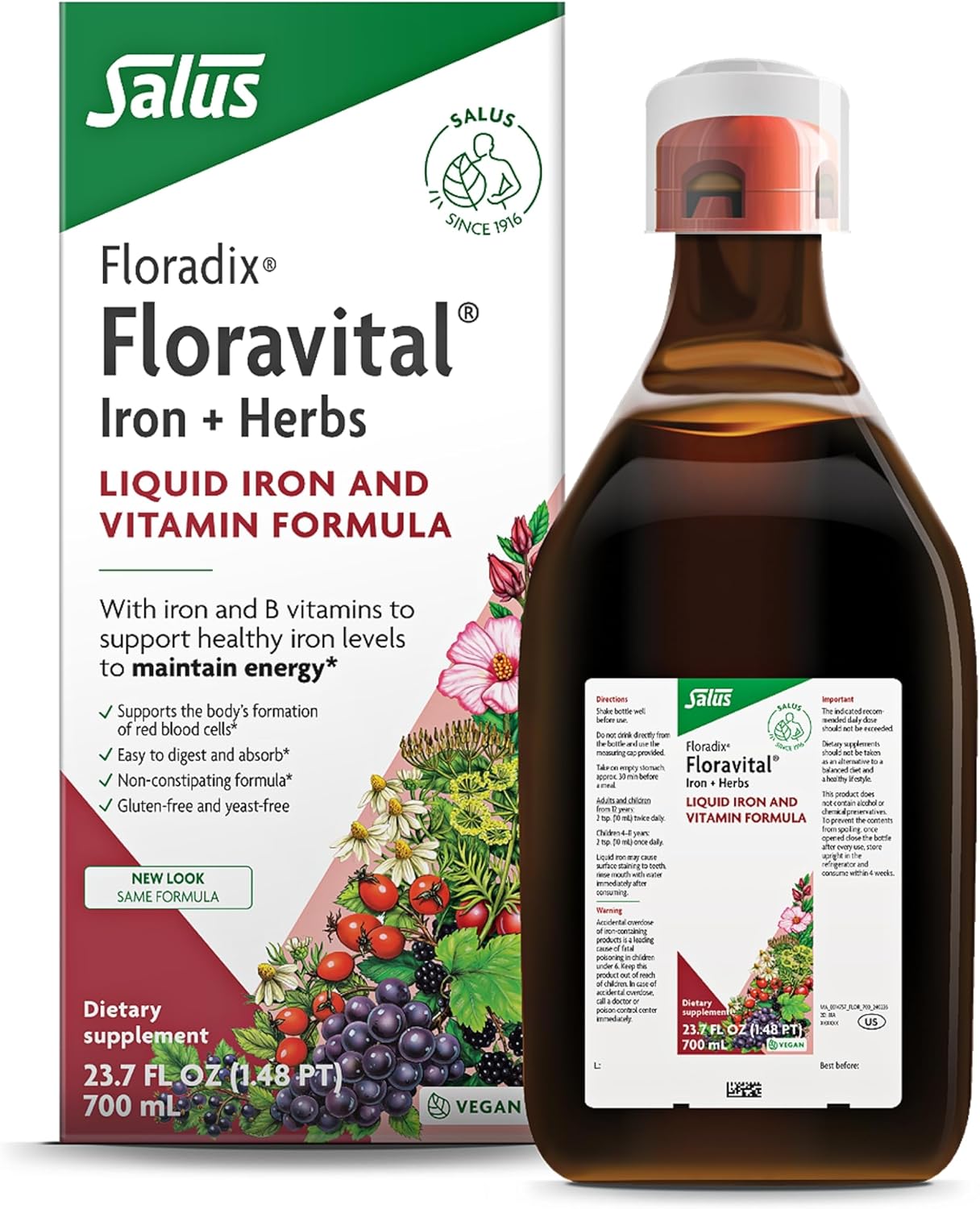 Floradix Floravital Liquid Iron & B Complex Vitamins Formula - Energy Support Supplement - Vegan, Gluten-Free, Non-GMO - 23 fl oz