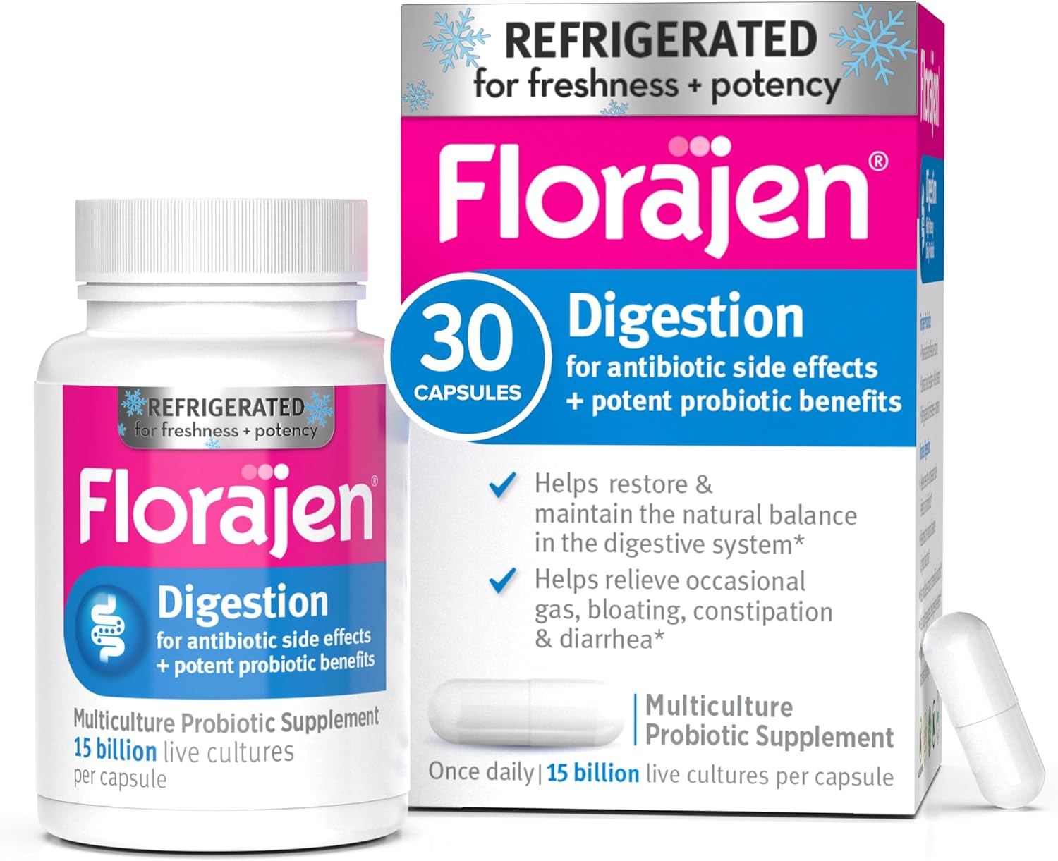 Florajen Digestion Probiotics: Gut Health Supplement for Adults - Constipation & Bloating Relief, 30 Count - Refrigerated