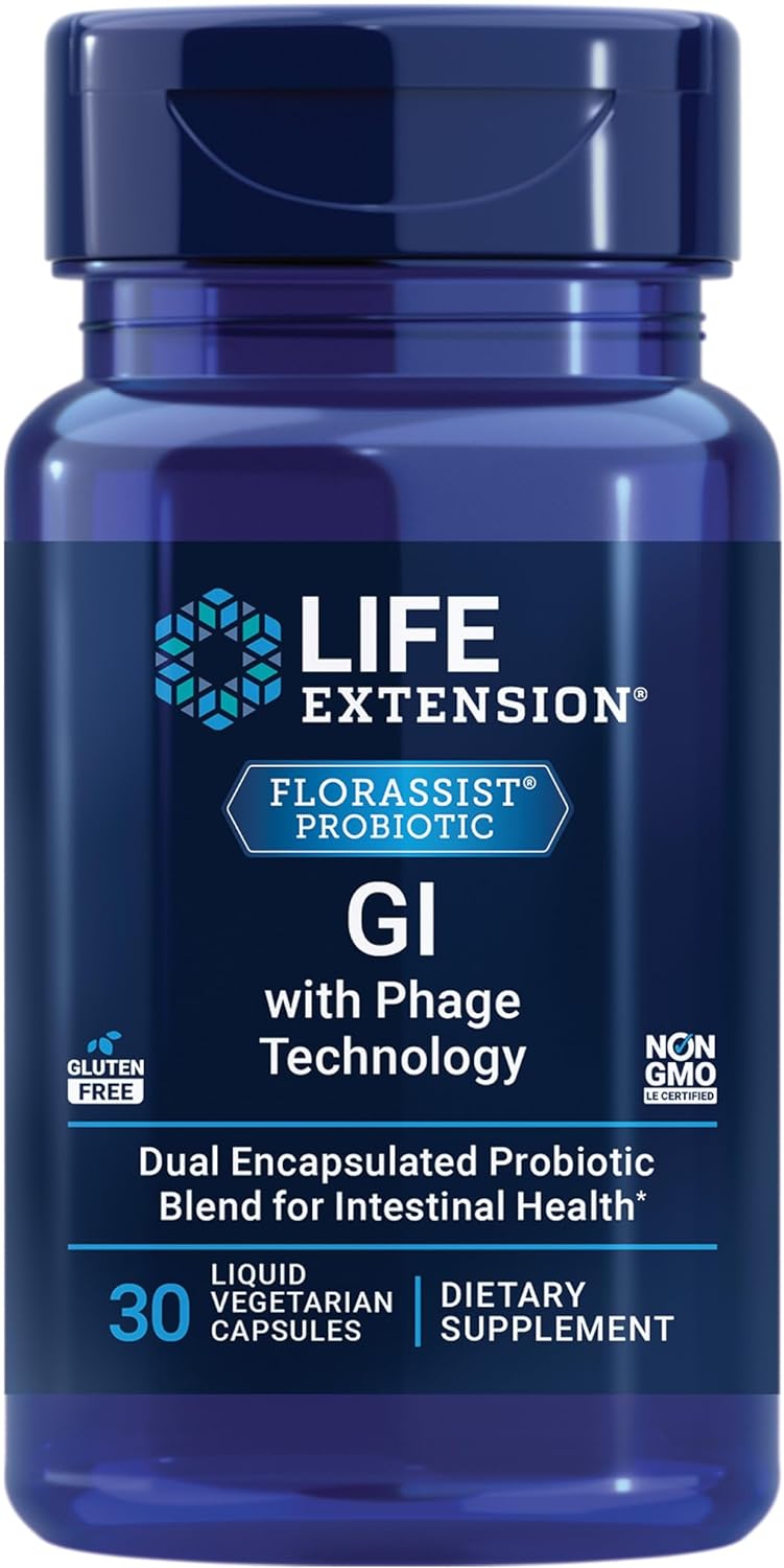 FLORASSIST GI with Phage Technology: Probiotic Support for Digestive Health, Nutrient Absorption - 30 Liquid Vegetarian Capsules
