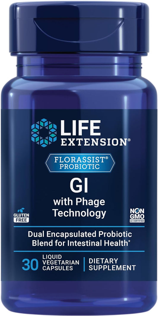 FLORASSIST GI with Phage Technology: Probiotic Support for Digestive Health, Nutrient Absorption - 30 Liquid Vegetarian Capsules