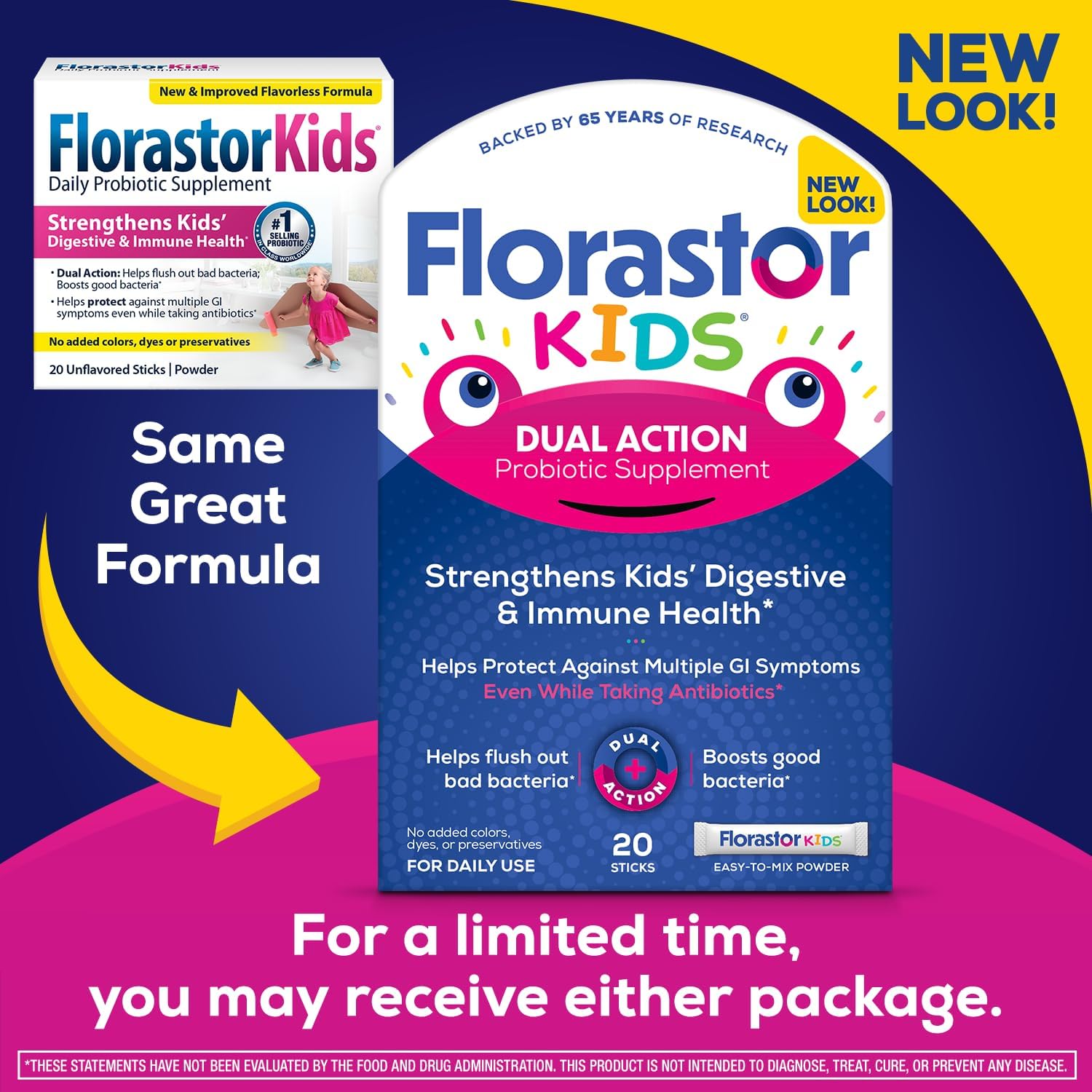 Florastor Kids Probiotic Powder Sticks for Digestive & Immune Health, 20 Pack, Easy-to-Mix Formula