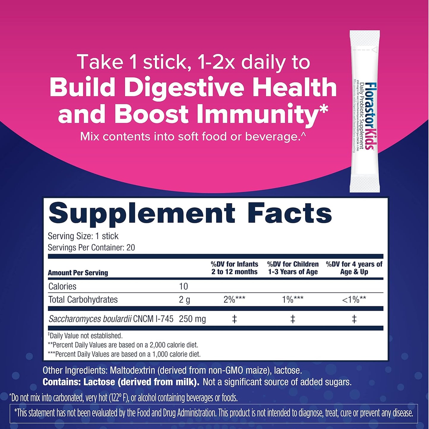 Florastor Kids Probiotic Powder Sticks for Digestive & Immune Health, 20 Pack, Easy-to-Mix Formula