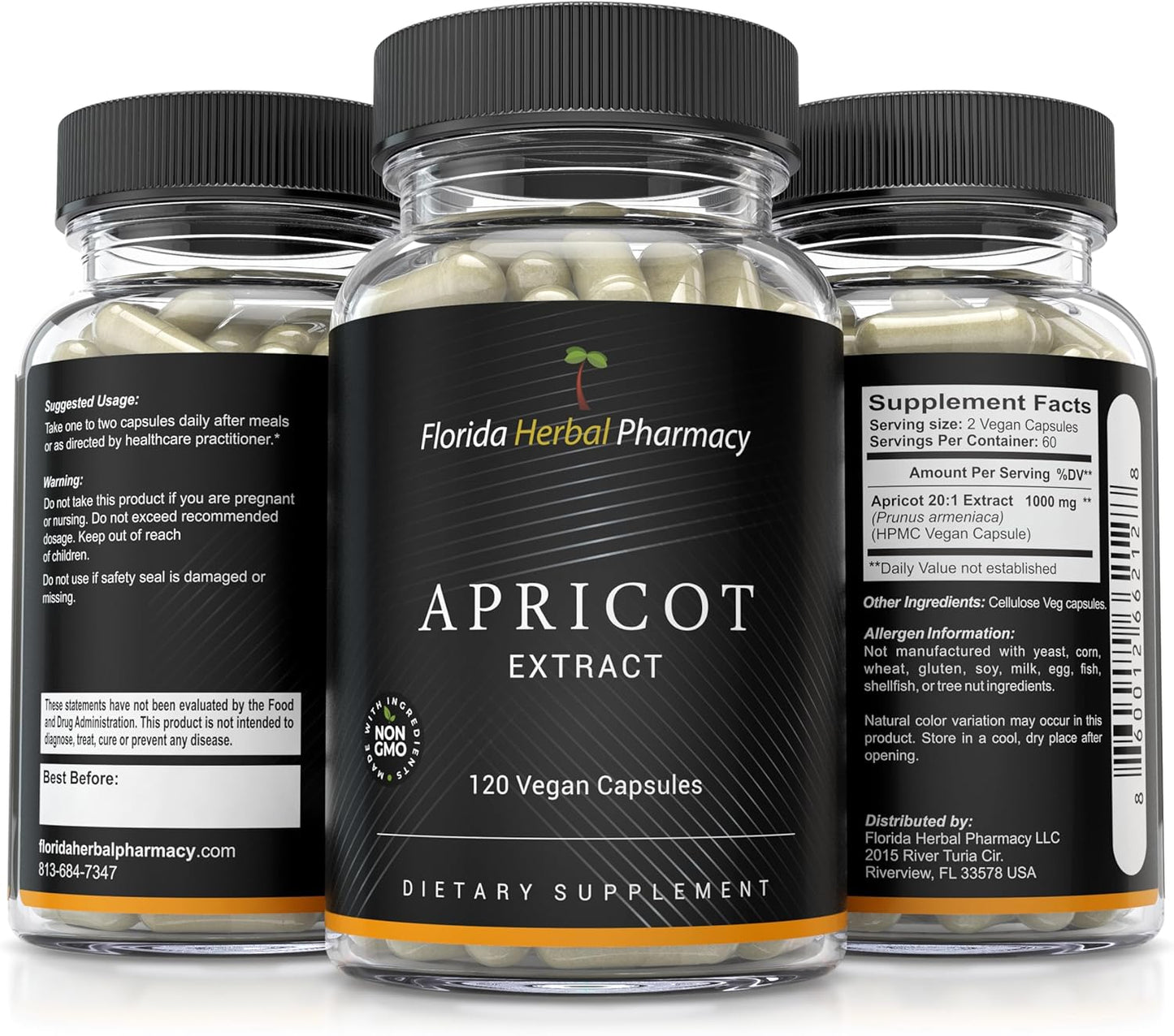 Florida Herbal Pharmacy Apricot Supplement Capsules - 20:1 Extract Ratio (120 Capsules, 500mg) - Supports Overall Wellness and Immune Health