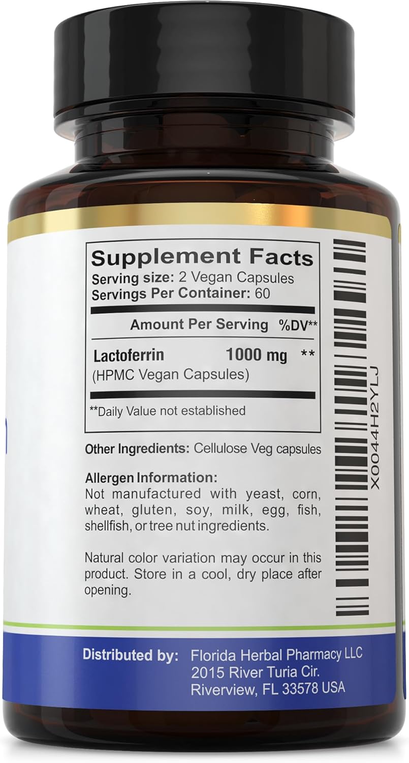 Florida Herbal Pharmacy LACTOFERRIN Supplement Capsules 120 Count - 500mg per Capsule, 1000mg per Serving