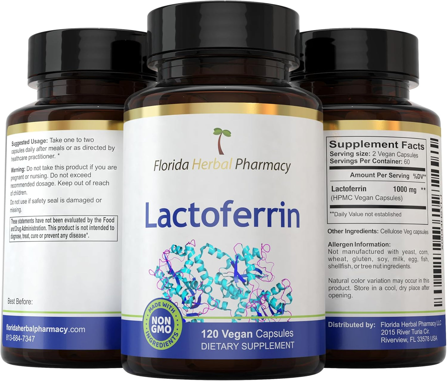 Florida Herbal Pharmacy LACTOFERRIN Supplement Capsules 120 Count - 500mg per Capsule, 1000mg per Serving