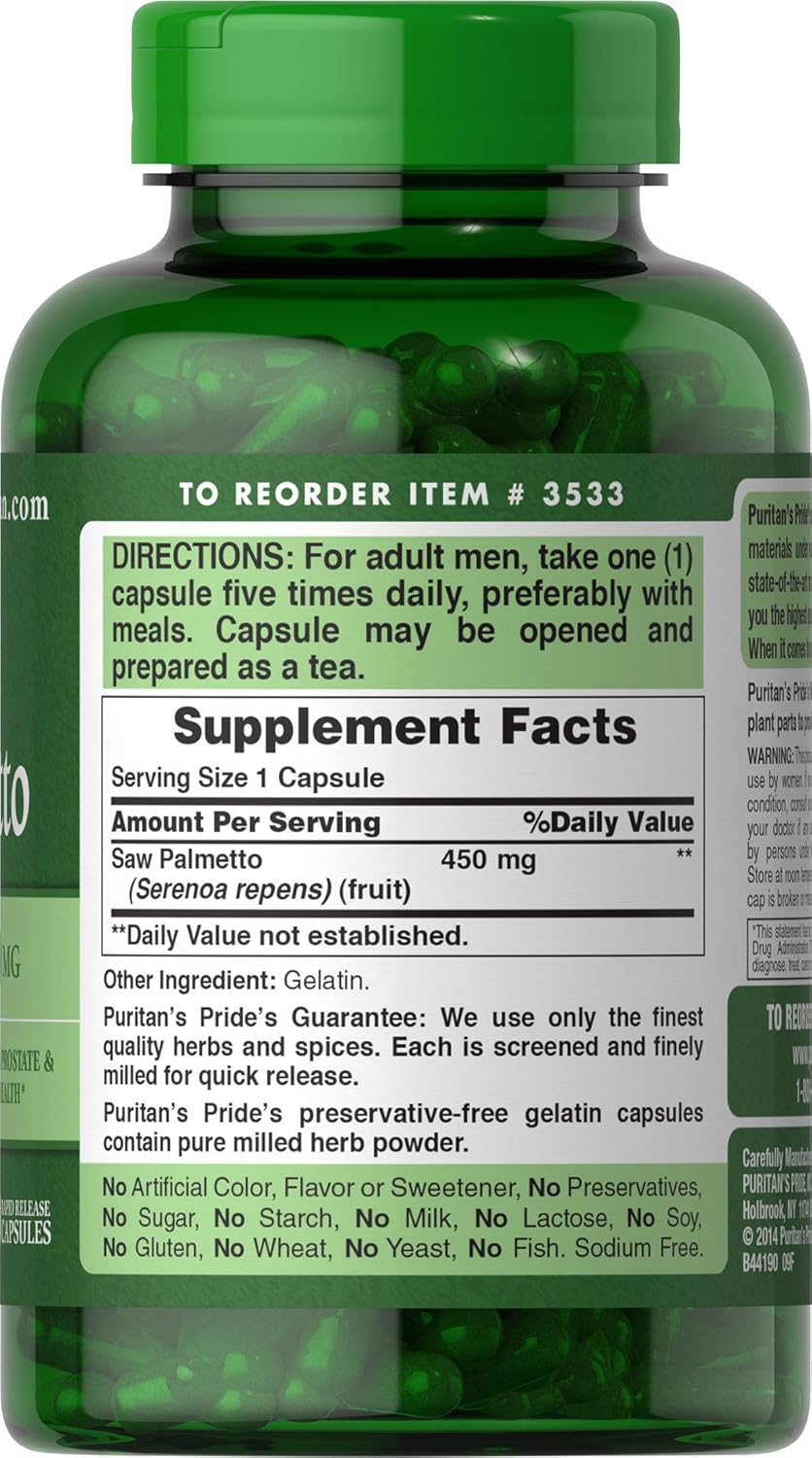 Flow Guard™ Saw Palmetto Extract 450mg Capsules for Men's Prostate Health - 200 Rapid Release Dietary Supplements by Puritan's Pride