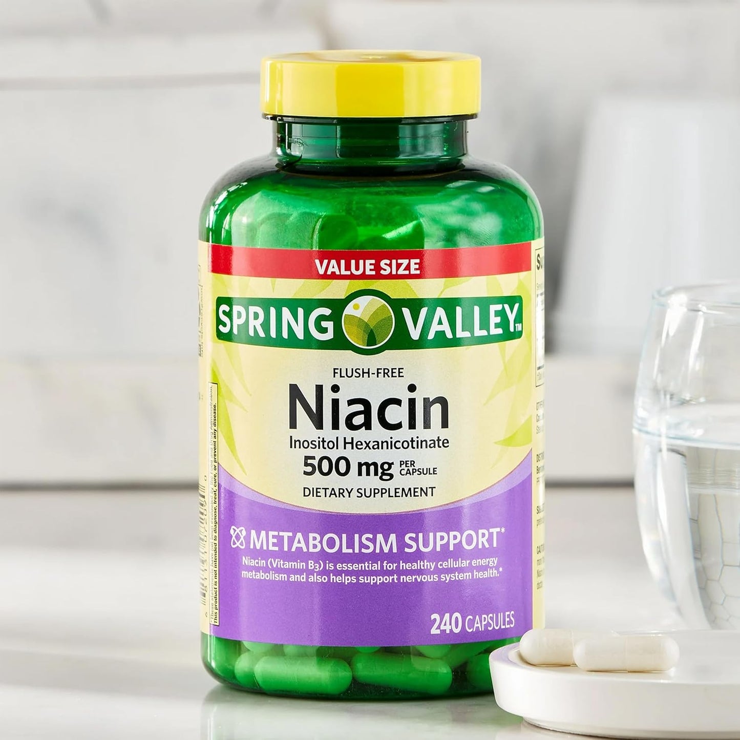 Flush-Free Niacin Capsules 500mg - 240 Count, Metabolism Support, Energy Boost, Gluten-Free Vitamin B3 Supplement