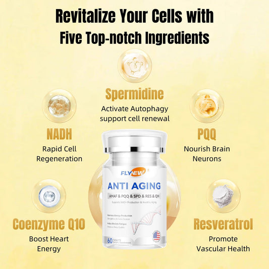 Flynew Anti-Aging Supplement for Healthy Hair, Skin, Nails, Cellular Health - 60 Capsules, Made in USA