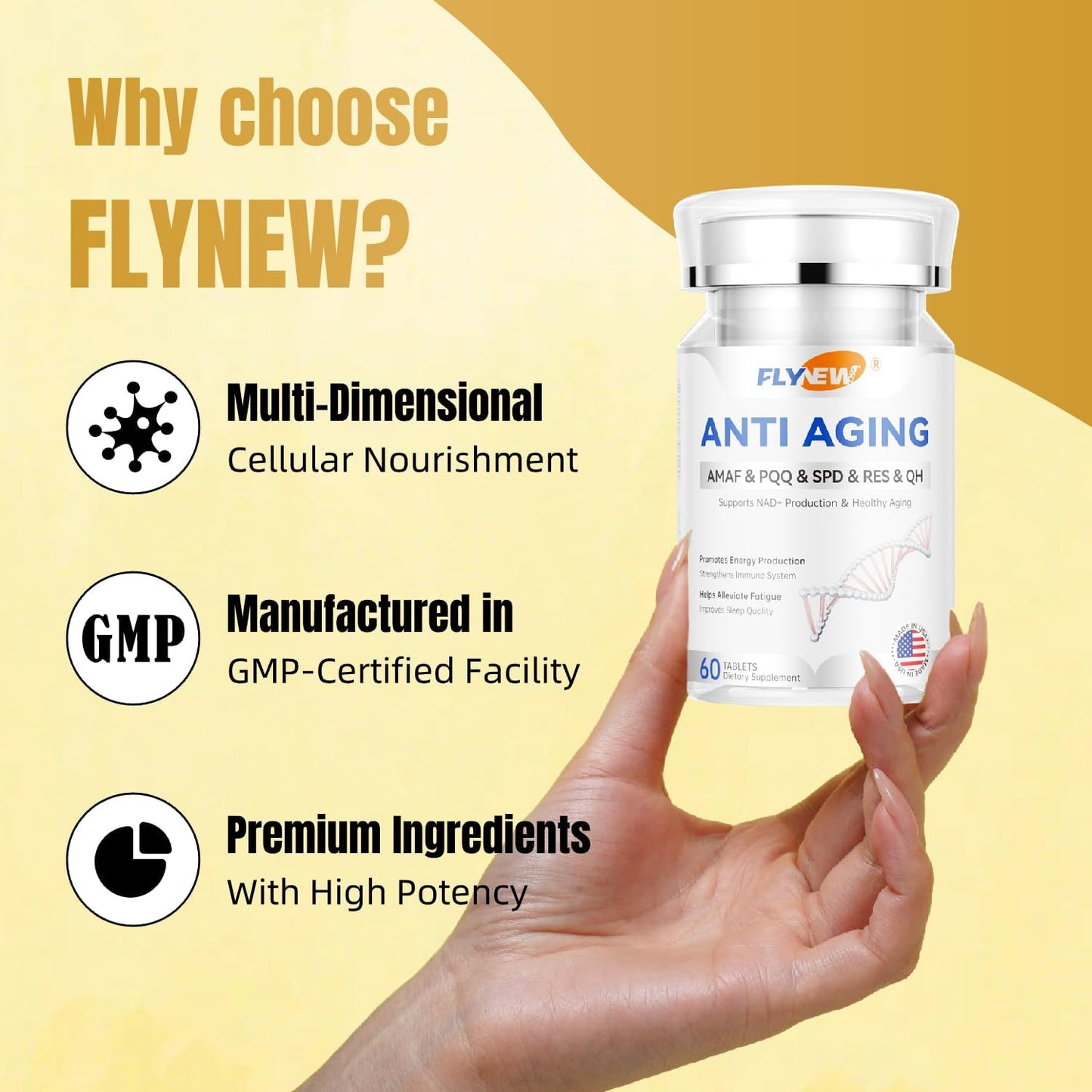 Flynew Anti-Aging Supplement for Healthy Hair, Skin, Nails, Cellular Health - 60 Capsules, Made in USA