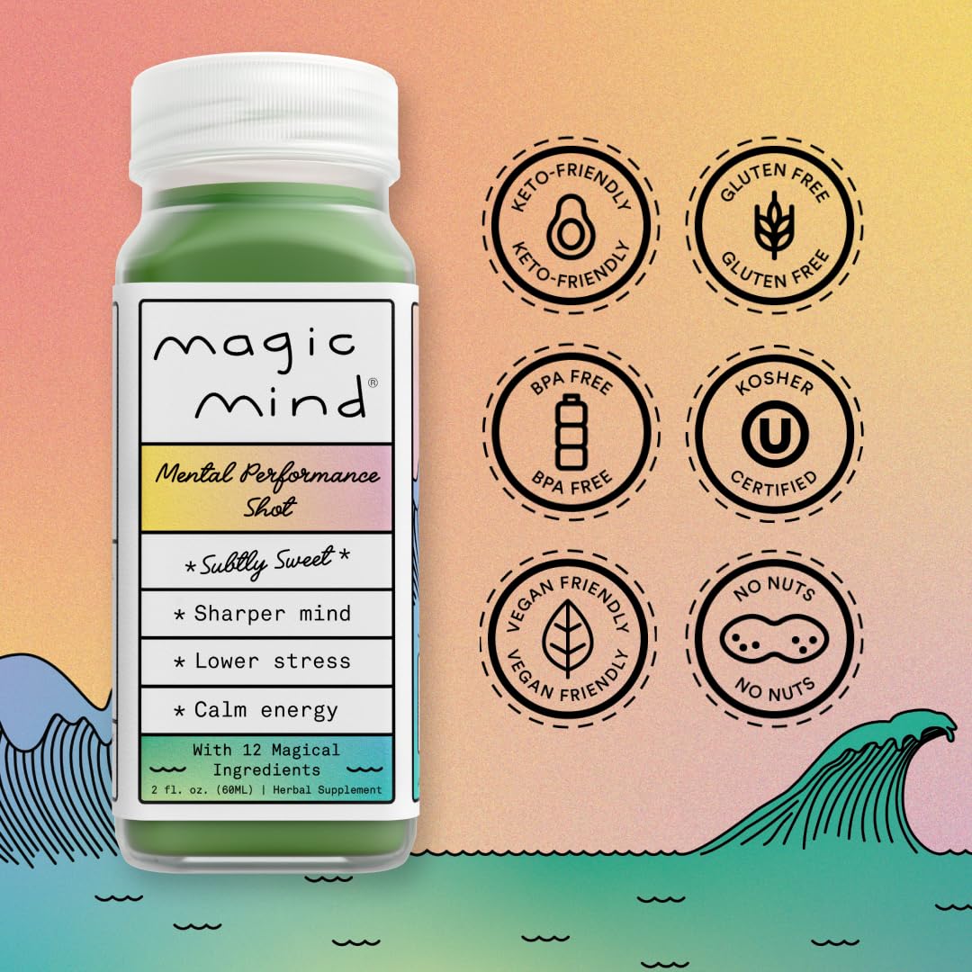 Focus Energy Shots with Ashwagandha, Mushrooms, Matcha, B12 & C - Stress Relief - No Jitters - 2oz (5 Pack)