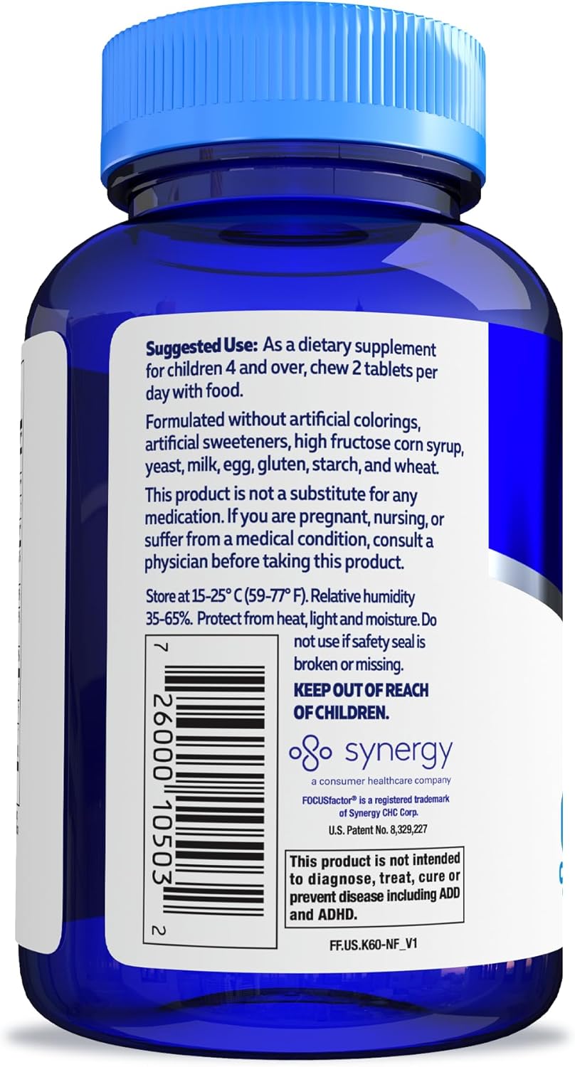 Focus Factor Kids Complete Daily Chewable Vitamins, 60 Count (2 Pack) - Multivitamin with Neuro Nutrients for Brain Function, Vitamin B12, C, D3 Included