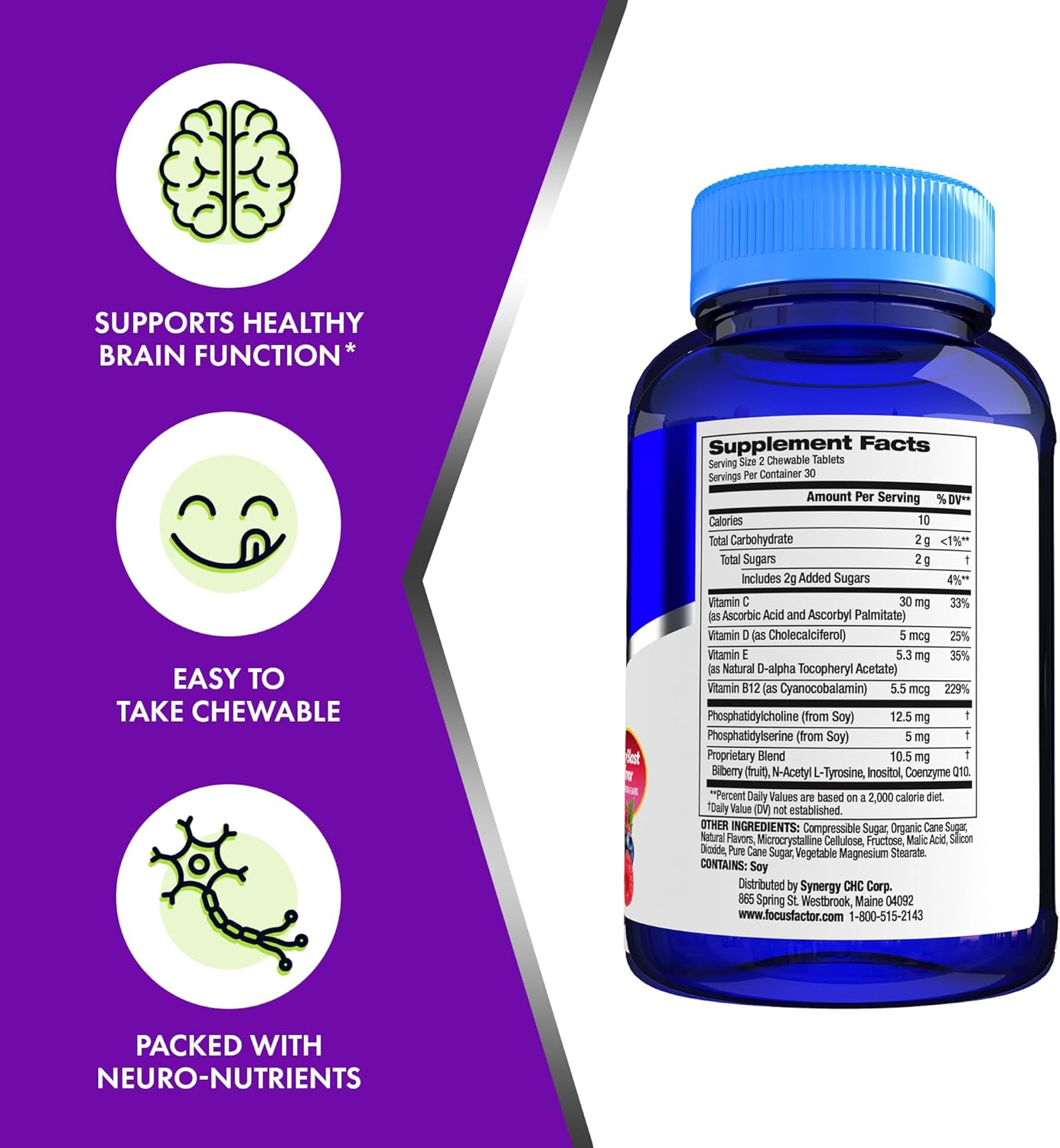 Focus Factor Kids Complete Daily Chewable Vitamins, 60 Count (2 Pack) - Multivitamin with Neuro Nutrients for Brain Function, Vitamin B12, C, D3 Included