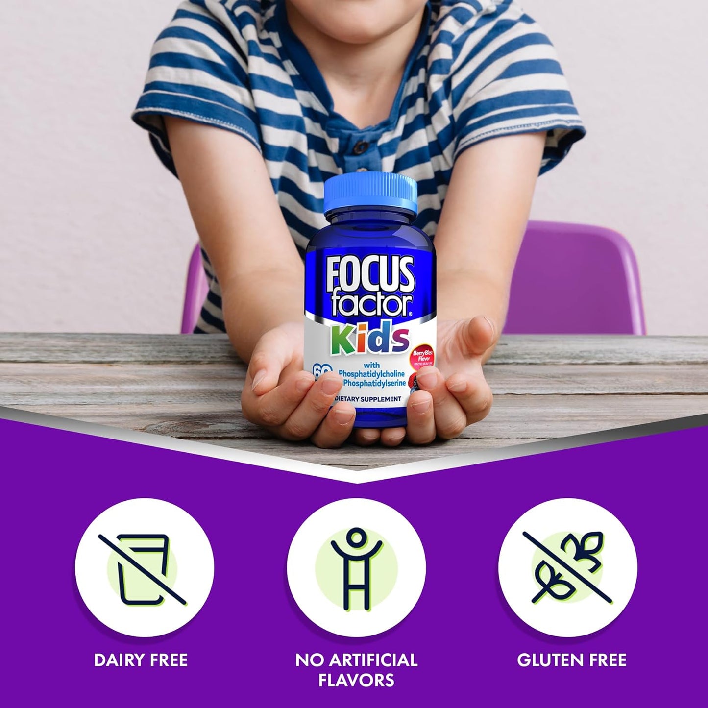 Focus Factor Kids Complete Daily Chewable Vitamins, 60 Count (2 Pack) - Multivitamin with Neuro Nutrients for Brain Function, Vitamin B12, C, D3 Included