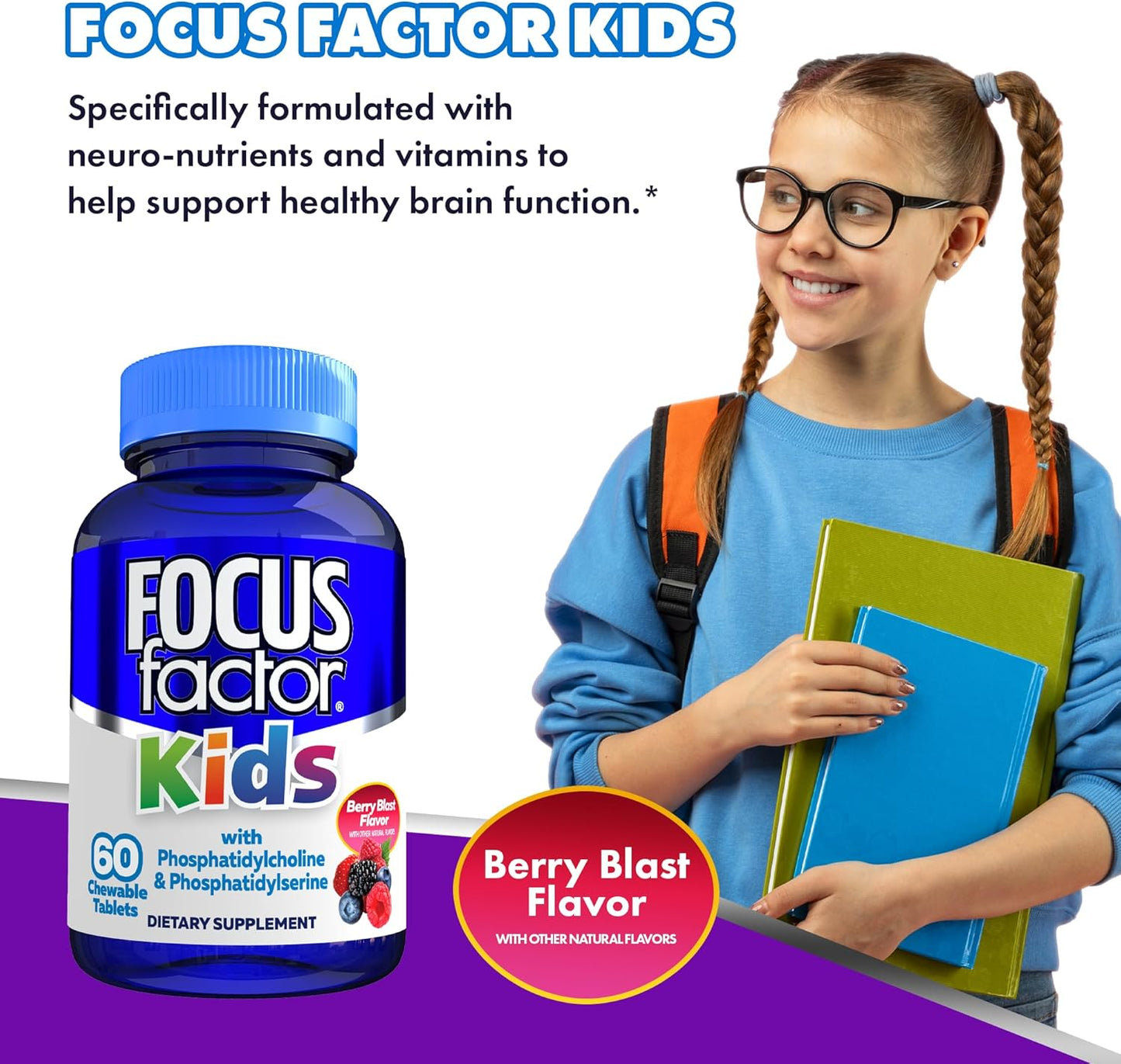 Focus Factor Kids Complete Daily Chewable Vitamins, 60 Count (2 Pack) - Multivitamin with Neuro Nutrients for Brain Function, Vitamin B12, C, D3 Included