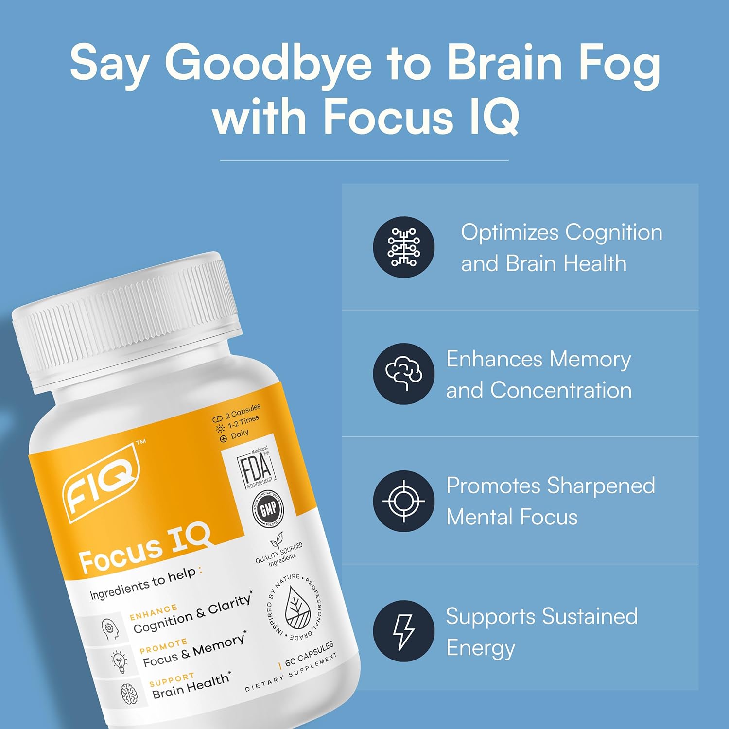 Focus IQ Brain Supplements for Memory and Cognitive Support - 60 Capsules