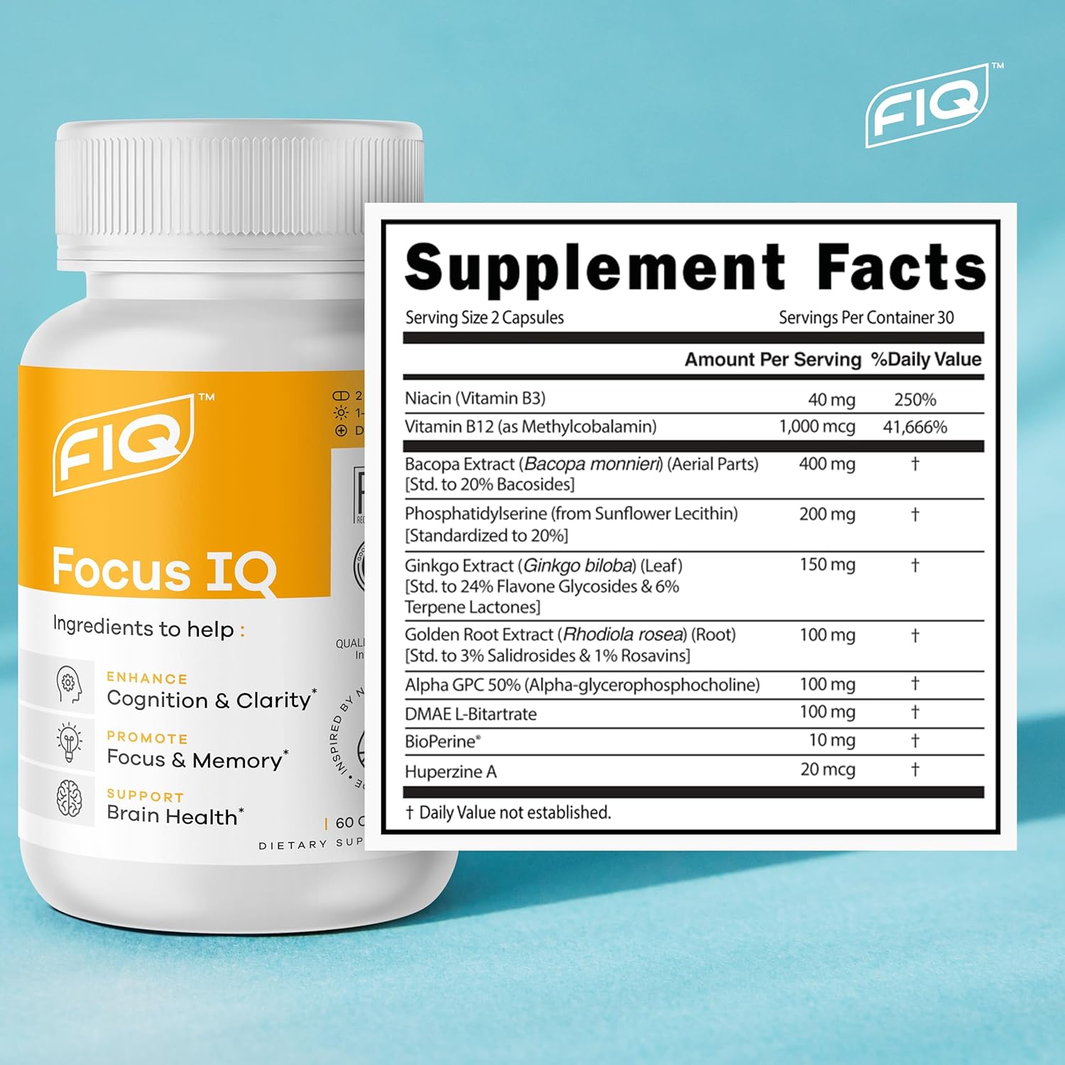 Focus IQ Brain Supplements for Memory and Cognitive Support - 60 Capsules