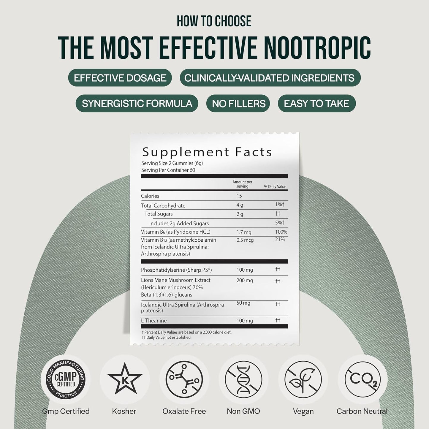 Focus & Memory Nootropic Gummies for Adults - Lion’s Mane, L-Theanine, Phosphatidylserine, Spirulina, Vitamins B6 & B12 - 60 Gummies
