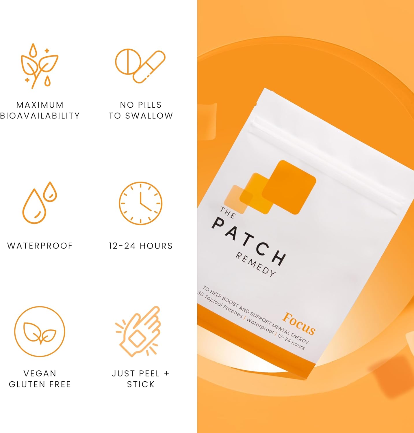 Focus Patch Remedy: Topical Patches with Ginkgo Biloba, Bacopa Monnieri, & More - 30 Patches for Adults & Kids