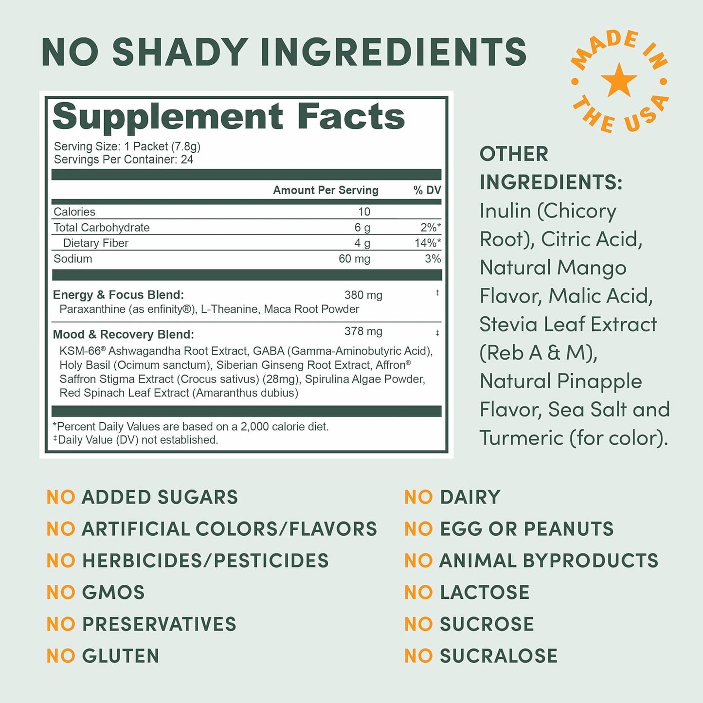Focus & Productivity Energy Drink Powder - No Sucralose, No Caffeine - Nootropic & Adaptogenic Blend