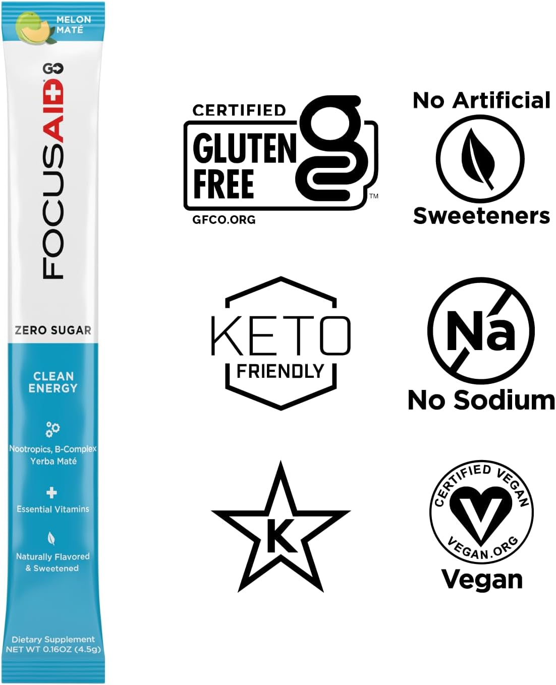 FOCUSAID GO Nootropic Energy Blend with Alpha-GPC, GABA, B-Complex, Yerba Mate, Green Tea - Zero Sugar, Keto Friendly - 100mg Caffeine - Pack of 14