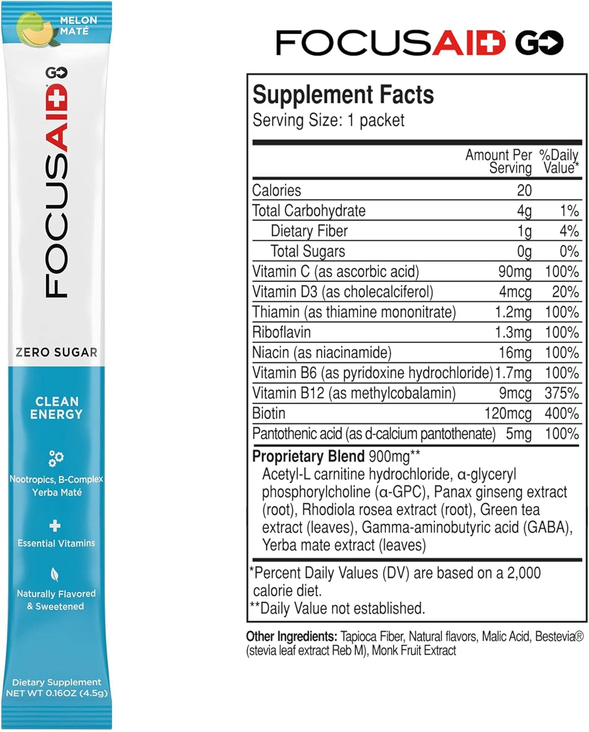 FOCUSAID GO Nootropic Energy Blend with Alpha-GPC, GABA, B-Complex, Yerba Mate, Green Tea - Zero Sugar, Keto Friendly - 100mg Caffeine - Pack of 14