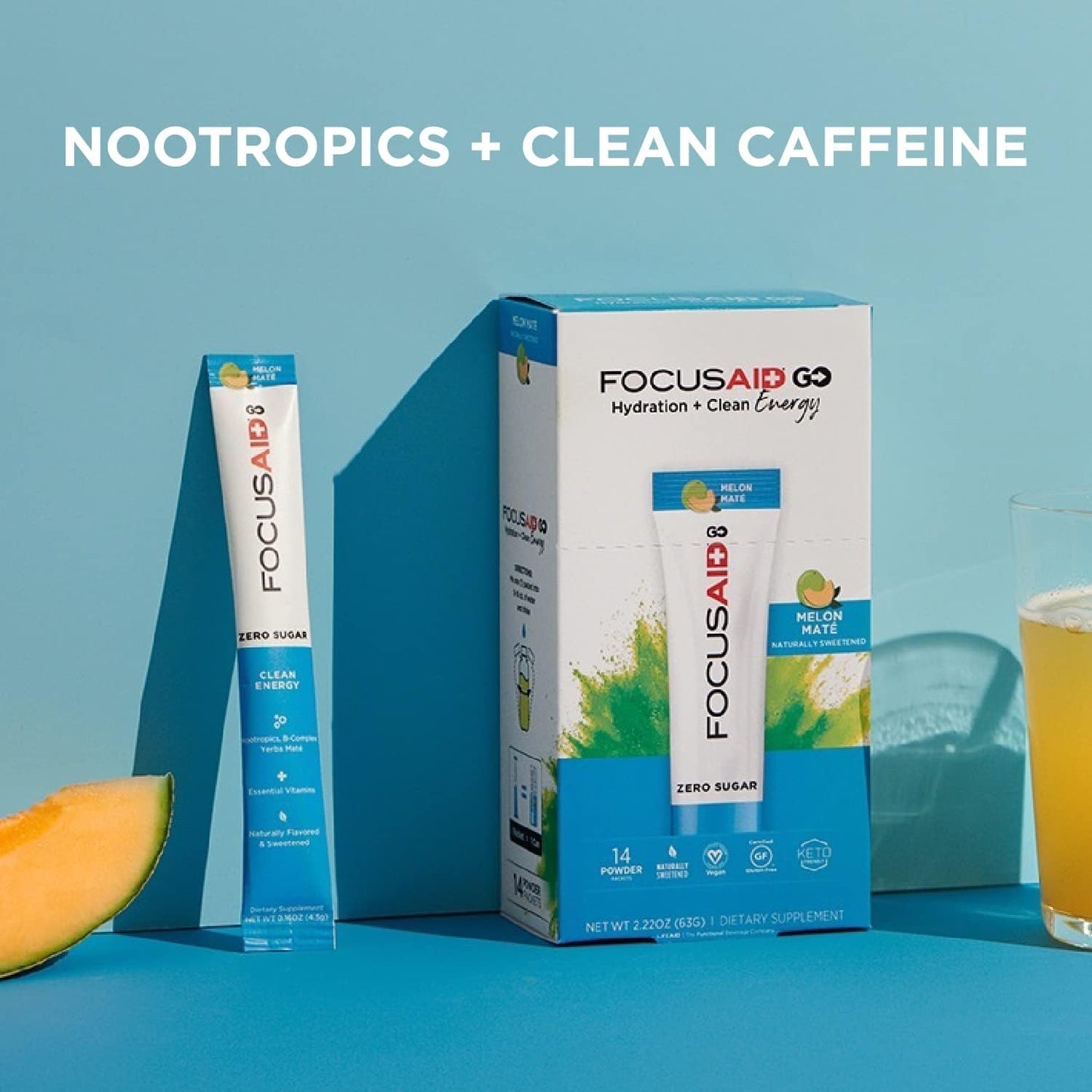 FOCUSAID GO Nootropic Energy Blend with Alpha-GPC, GABA, B-Complex, Yerba Mate, Green Tea - Zero Sugar, Keto Friendly - 100mg Caffeine - Pack of 14