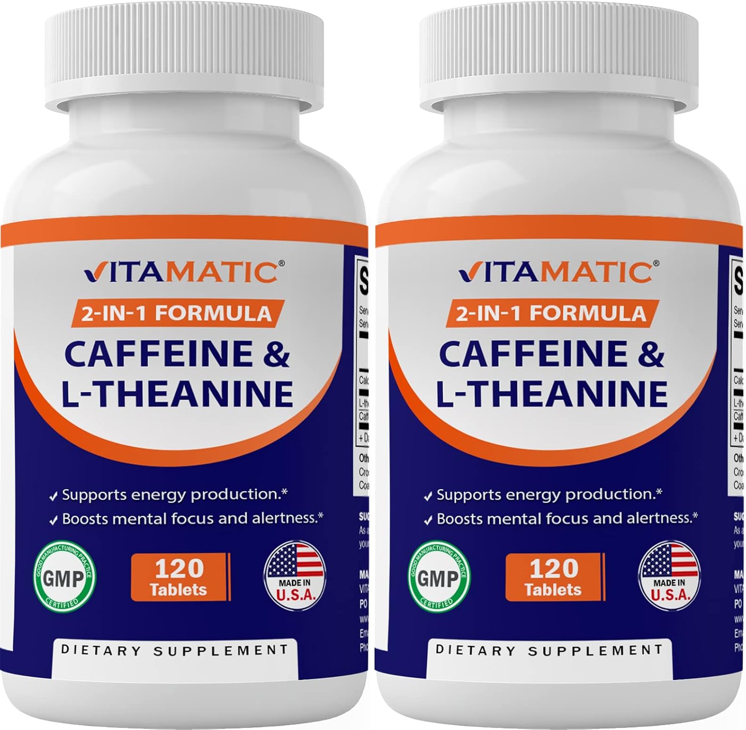 Focused Energy Nootropic Supplement - 2 Packs of 120 Vegetarian Caffeine Pills with L-Theanine - 300 mg per Tablet - Total 240 Tablets