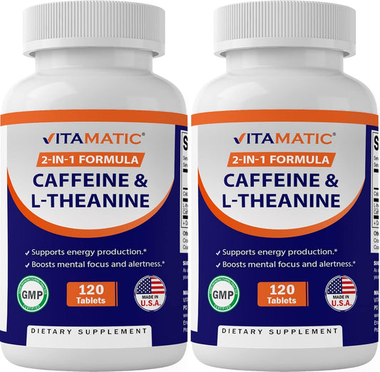 Focused Energy Nootropic Supplement - 2 Packs of 120 Vegetarian Caffeine Pills with L-Theanine - 300 mg per Tablet - Total 240 Tablets