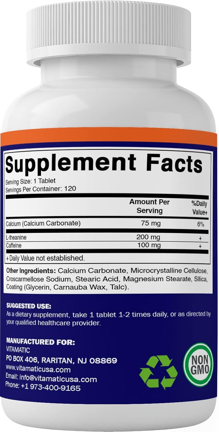 Focused Energy Nootropic Supplement - 2 Packs of 120 Vegetarian Caffeine Pills with L-Theanine - 300 mg per Tablet - Total 240 Tablets