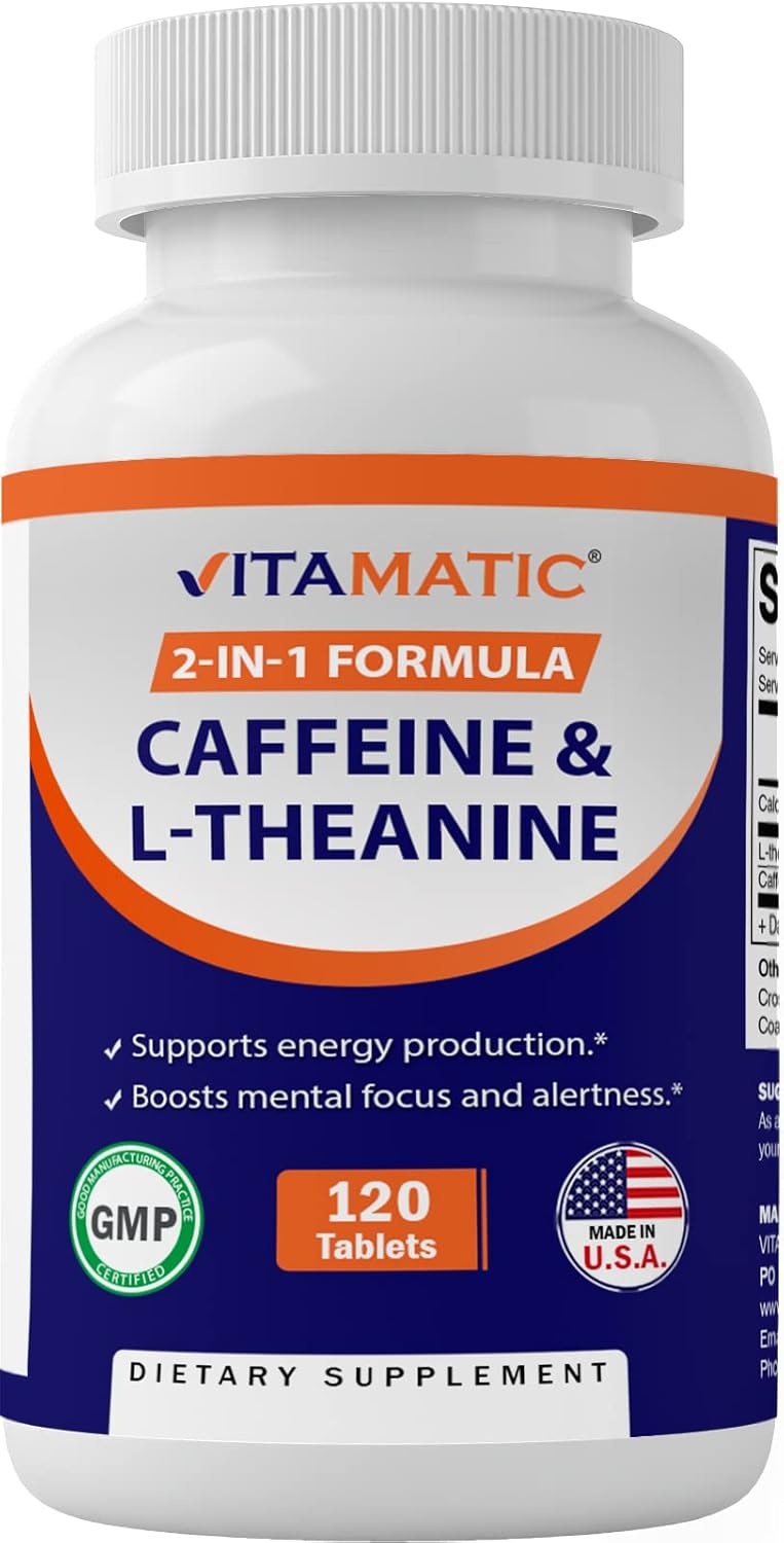 Focused Energy Nootropic Supplement - 2 Packs of 120 Vegetarian Caffeine Pills with L-Theanine - 300 mg per Tablet - Total 240 Tablets