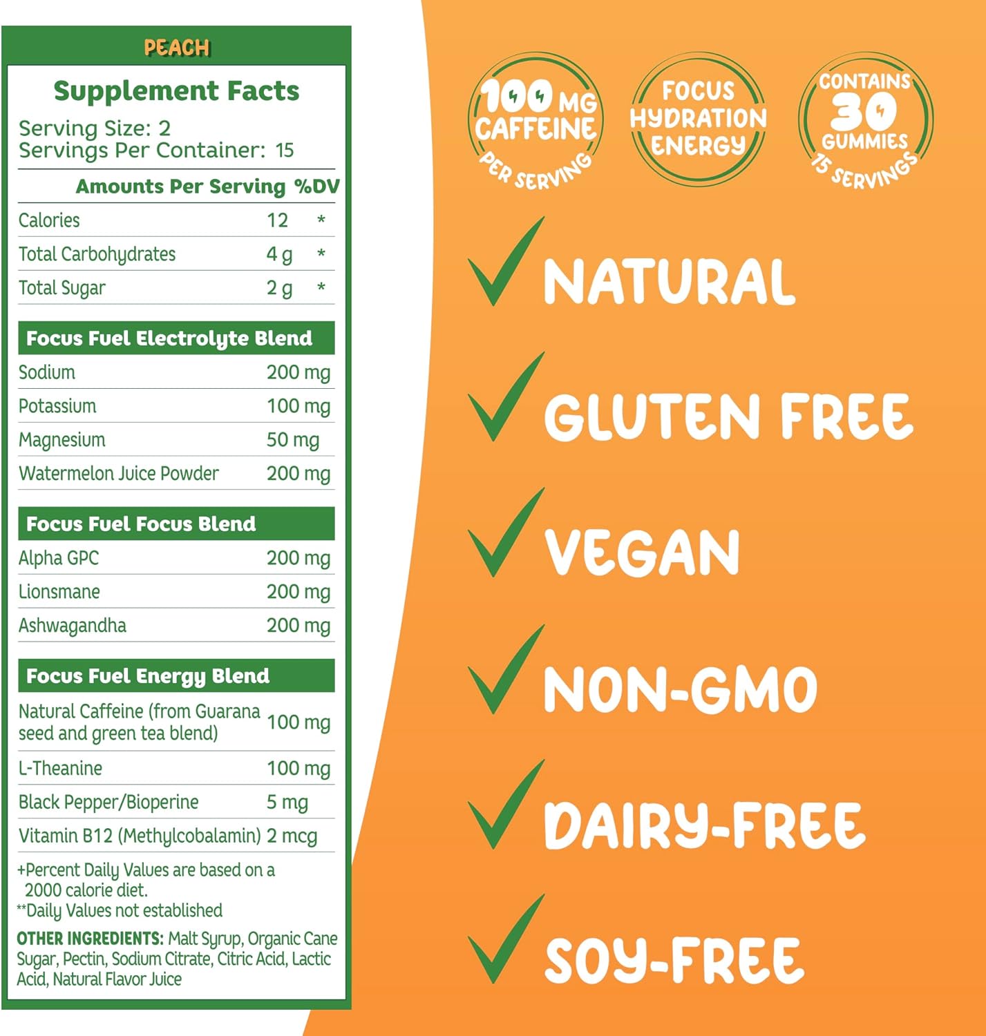 FocusFuel Energy Chews: Peach Flavored 3-in-1 Energy Gummies with 100mg Caffeine, B12, Magnesium, and Ashwagandha - Gluten-Free and All-Natural - 15 Servings