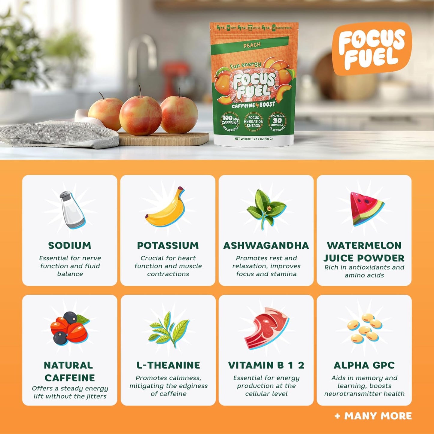 FocusFuel Energy Chews: Peach Flavored 3-in-1 Energy Gummies with 100mg Caffeine, B12, Magnesium, and Ashwagandha - Gluten-Free and All-Natural - 15 Servings