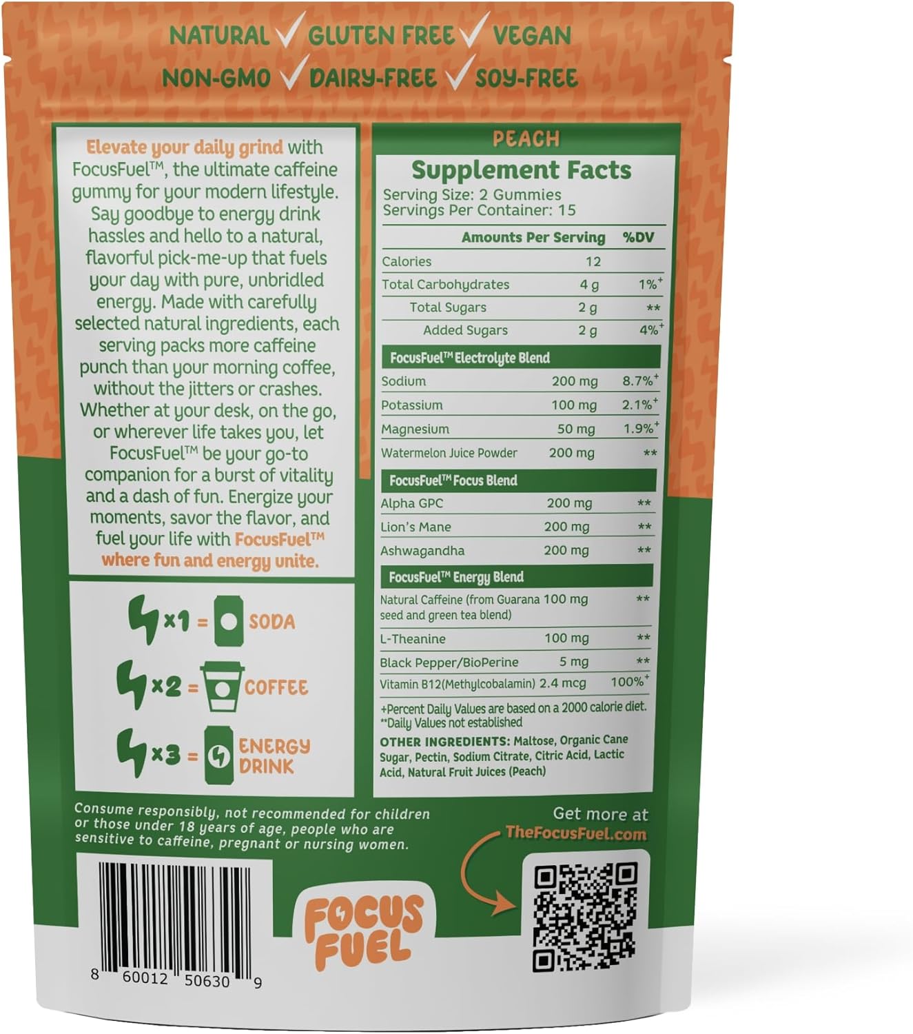 FocusFuel Energy Chews: Peach Flavored 3-in-1 Energy Gummies with 100mg Caffeine, B12, Magnesium, and Ashwagandha - Gluten-Free and All-Natural - 15 Servings
