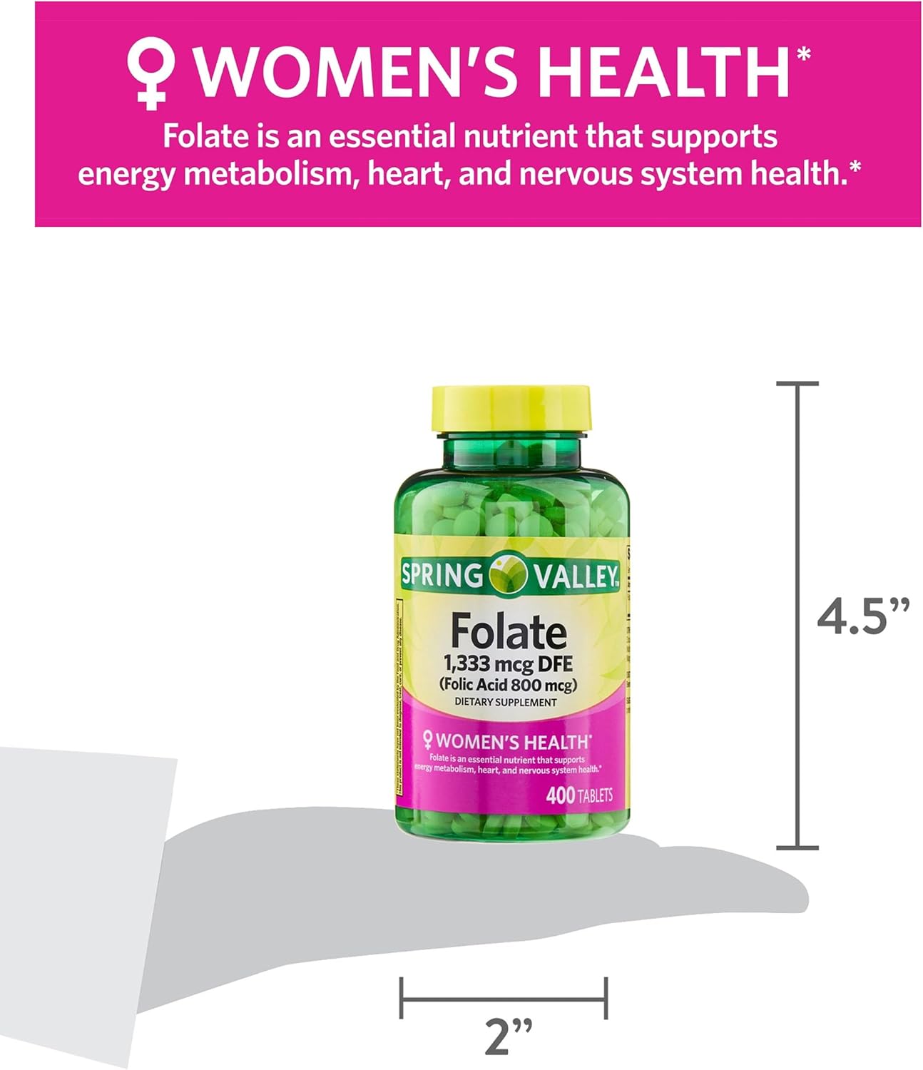 Folate 1,333 mcg DFE & Folic Acid 800 mcg Tablets - Women's Health Supplement for Metabolism & Heart Support, 400 Count