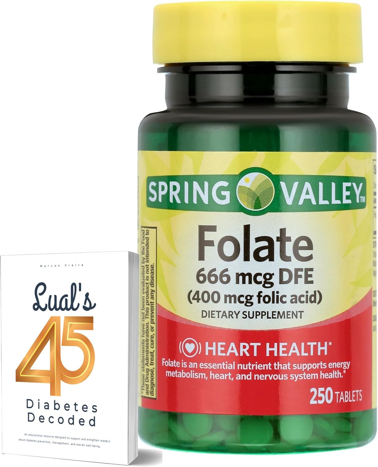 Folate Supplement Bundle with Diabetes Decoded Book - 250 Count Folate Vitamin for Women - 666 mcg DFE - 400 mg Folic Acid