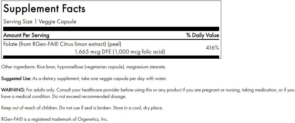 Folate Vitamin B-9 Supplement 1000mcg for Cardiovascular & Prenatal Health - Vegan, Gluten-Free, Non-GMO Veggie Capsules