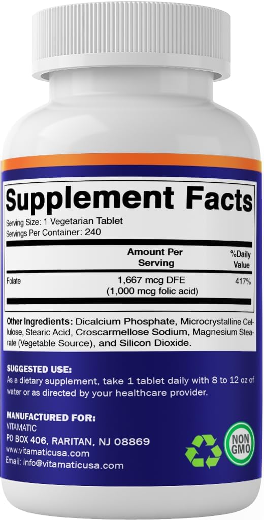 Folic Acid 1000 mcg Vegetarian Tablets, Vitamin B9 Supplement (720 Count)