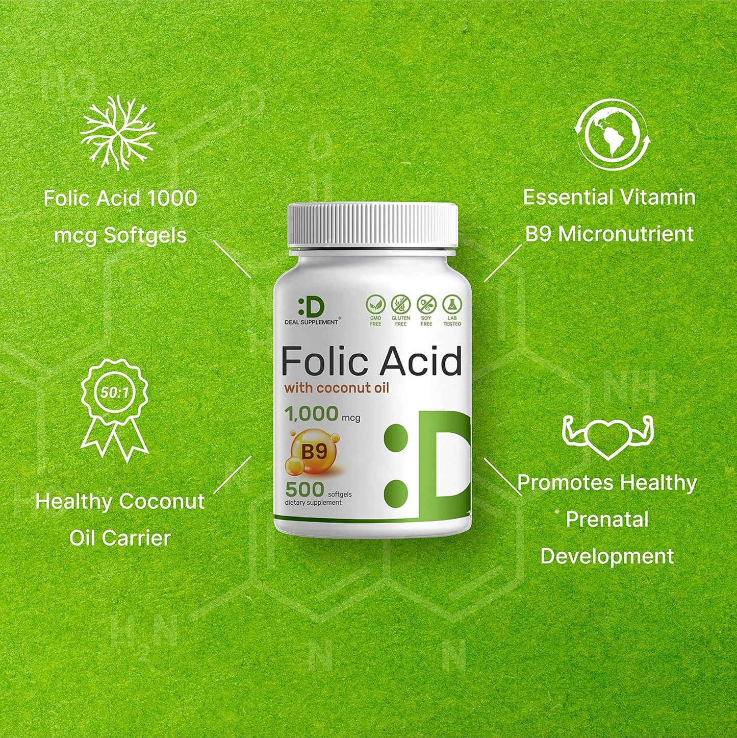 Folic Acid 1000 mcg with Coconut Oil Softgels for Prenatal Vitamins - 500 Capsules, Non-GMO, Gluten-Free, Easy to Swallow
