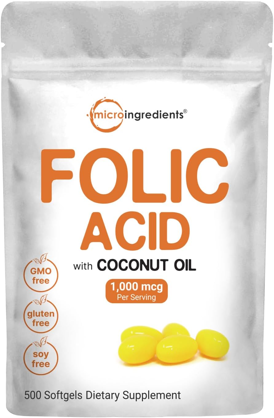 Folic Acid 1,000mcg with Coconut Oil Softgels - Essential Prenatal Vitamins - Third Party Tested, Non-GMO, Gluten Free