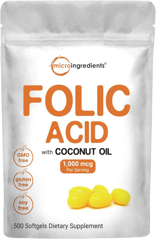 Folic Acid 1,000mcg with Coconut Oil Softgels - Essential Prenatal Vitamins - Third Party Tested, Non-GMO, Gluten Free